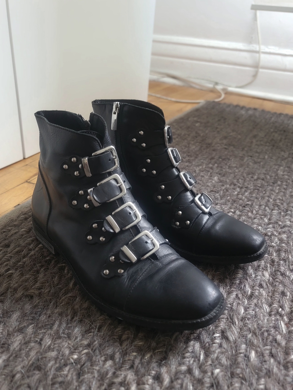 Black Leather Buckle Ankle Boots